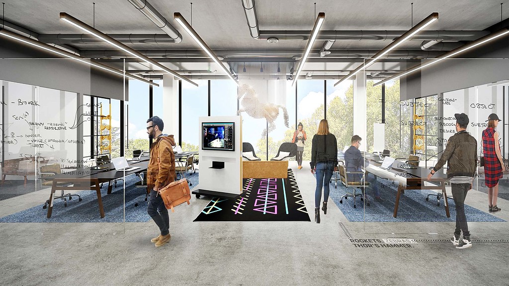 People walking in a room with a television and a table.